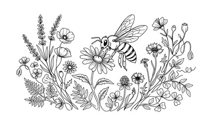 Line Art Bee Flying Over Wildflowers Meadow, Nature Illustration © illustration