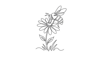 Single line drawing of a bee on a daisy flower, minimalist illustration, nature concept © illustration