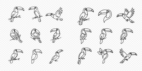 Naklejka premium Set of toucan line art illustrations in various poses, perfect for tropical designs and logos.