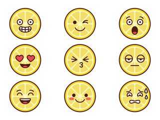 Fototapeta premium Cute Lemon Slice Emoji Set with Various Facial Expressions and Emotions, Vector Illustration