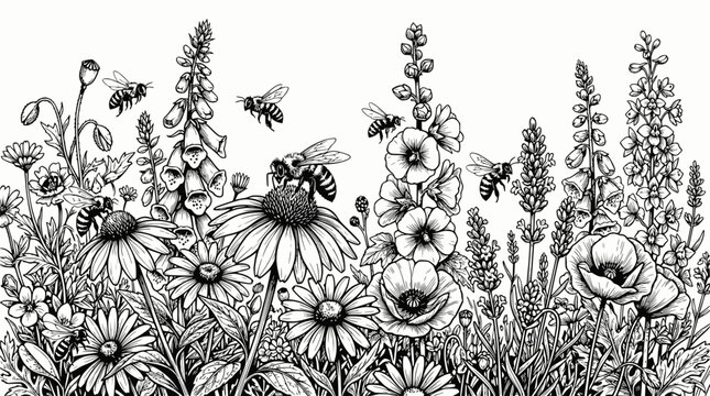 Whimsical Garden Border: Bees Buzzing Among Wildflowers, Hand-Drawn Illustration