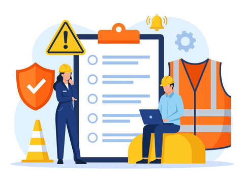 Occupational Safety and Health Compliance Concept with Workers, Checklist, and Protective Gear