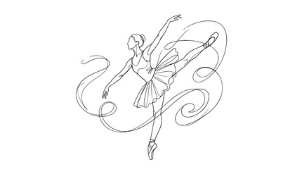 Elegant Ballet Dancer with Flowing Ribbon, Outline Sketch © illustration