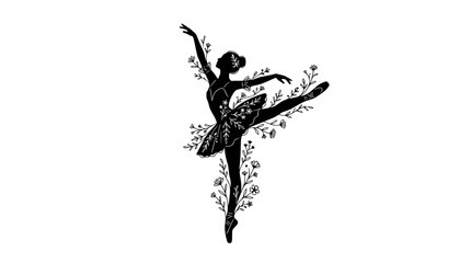Elegant Ballerina Silhouette with Floral Embellishments in Dynamic Pose © illustration