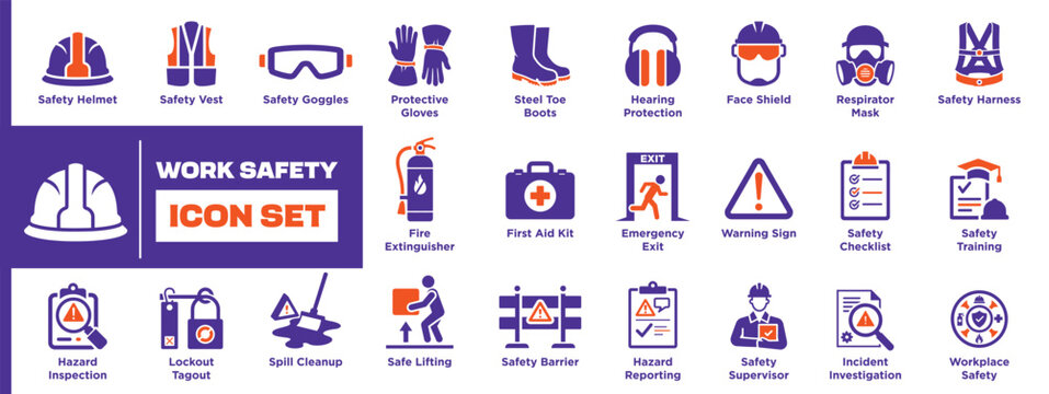 Work Safety Personal Protective Equipment Pictogram Collection Featuring Industrial Protection Emergency Preparedness Compliance Modern Black Solid Icons