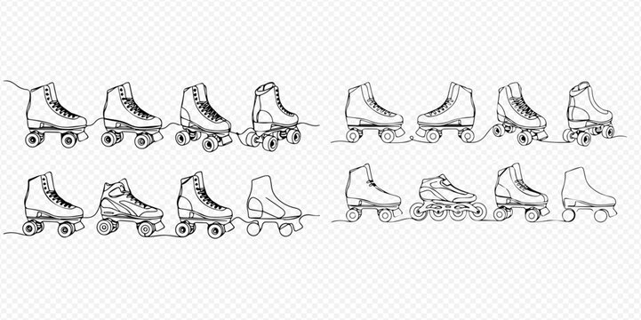 Set of continuous line drawings of roller skates and rollerblades, vintage sports equipment in sketch style.
