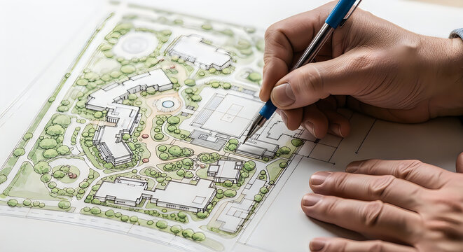Architectural landscape plan review hand drawing over estate layout