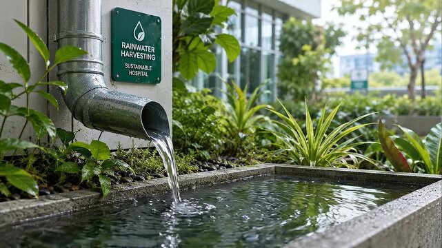Green rainwater harvesting downspout pours into reflecting basin sustainable landscape hospital garden with tropical lush plants modern building