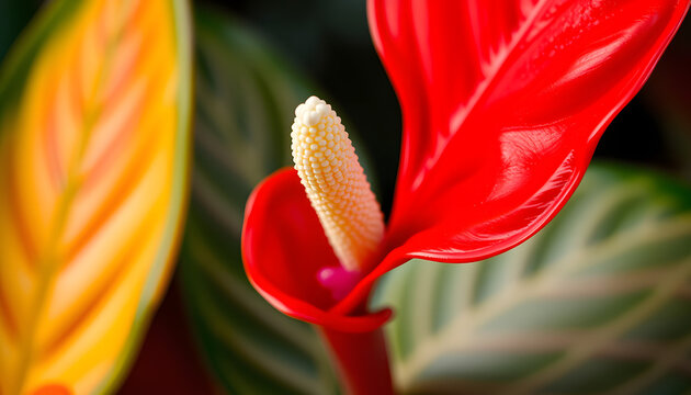 Closeup of a red anthurium flower highlighting its vibrant color and unique spadix structure, 8k  photorealism. White tone