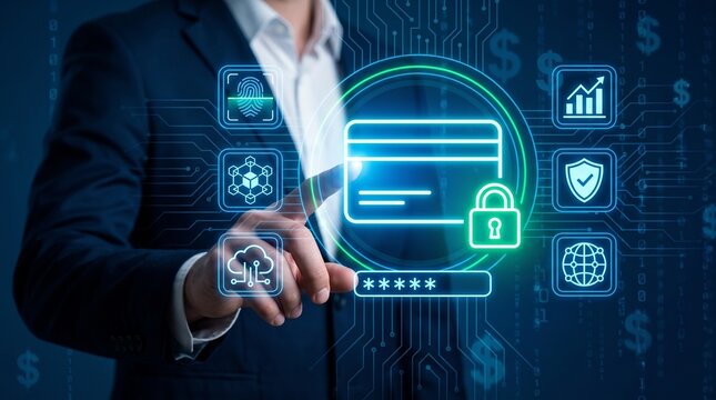 secure digital payment processing and authentication. businessman utilizing interactive holographic interface for encrypted credit card transactions, fraud protection, and real-time financial security