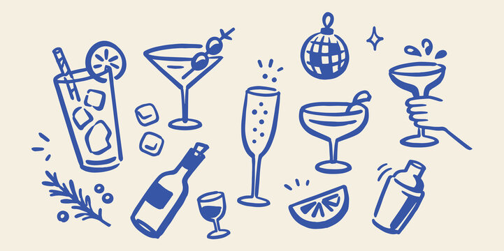 Cocktail Drinks Party Doodle Set Vector Illustration