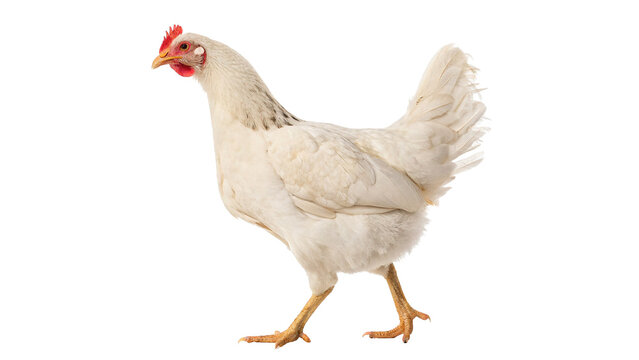 Live domestic white chicken hen poultry bird isolated on a transparent background