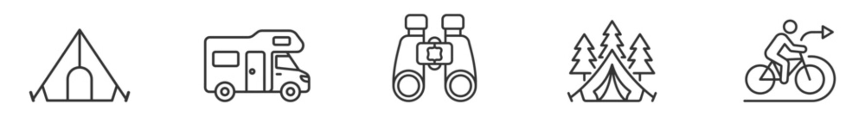 camping tent motorhome binoculars outdoor tent with trees and bicyclist line icons set on transparent background © Наталья Перова