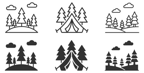 camping tent and pine trees line icon set in outline and solid styles on transparent background © Наталья Перова