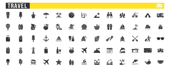travel icons set with summer vacation and outdoor activities symbols on transparent background © Наталья Перова