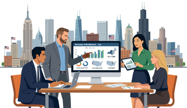 Professional Team Analyzing Regional Business Performance with Data Analytics Dashboard in Modern Office Setting meeting presentation chart lines vector illustration