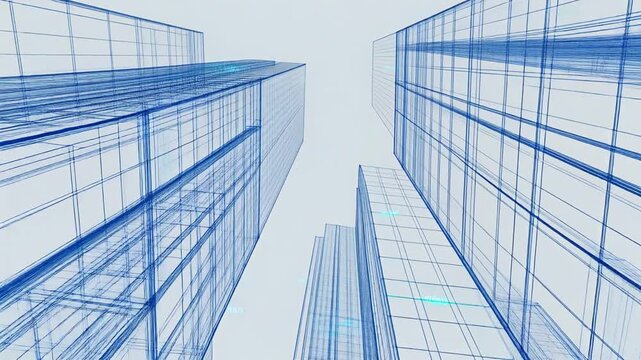 高層ガラス張りビルの複雑なワイヤーフレーム構造を見上げるダイナミックなCG