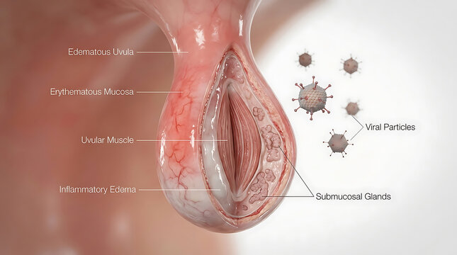Transparent Human Uvula with Acute Uvulitis and Viral Infection Inflammatory Swelling