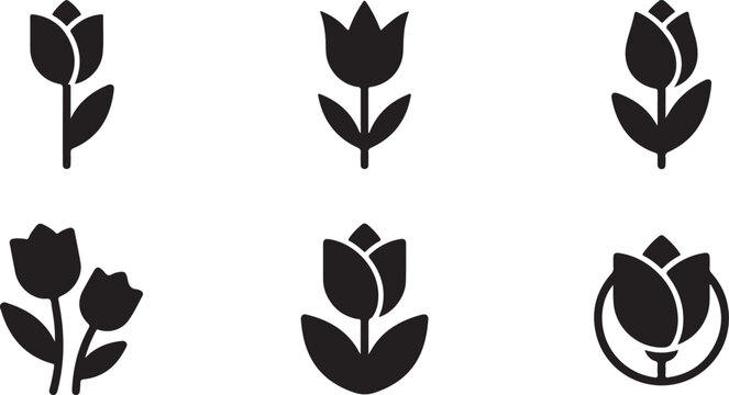 Black and white stylized tulip flower icons set with leaves Vector
