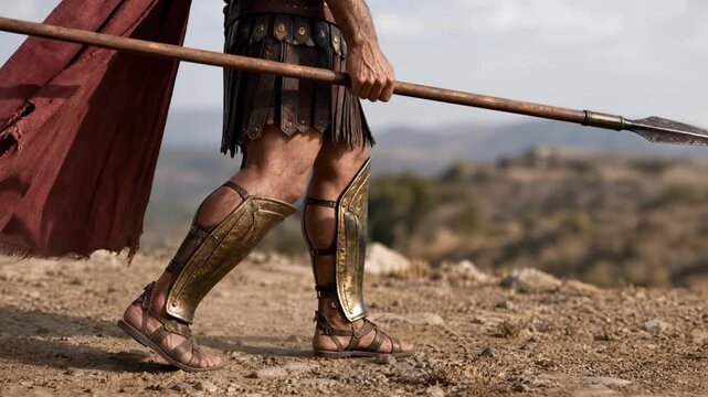 Roman soldier walking with spear on dirt road