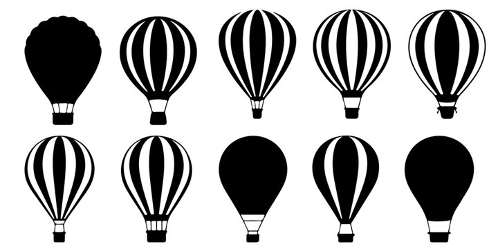 Aerostat, hot air balloon and dirigible glyph icon set, flying transportation vector Hot air balloon, blimp, airship and decorative balloon black silhouette icon