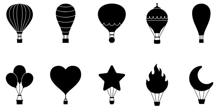 Aerostat, hot air balloon and dirigible glyph icon set, flying transportation vector Hot air balloon, blimp, airship and decorative balloon black silhouette icon
