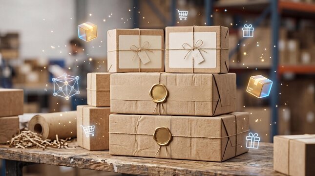 Brown packages stacked on wooden table in warehouse with shopping icons