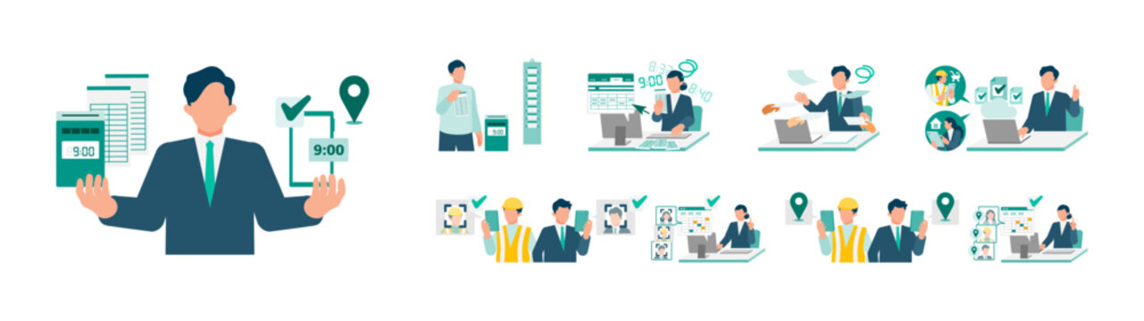 Modern corporate onboarding and human resources digitalization concept highlighting integrated attendance tracking via mobile GPS face recognition along with automated online leave request workflow.