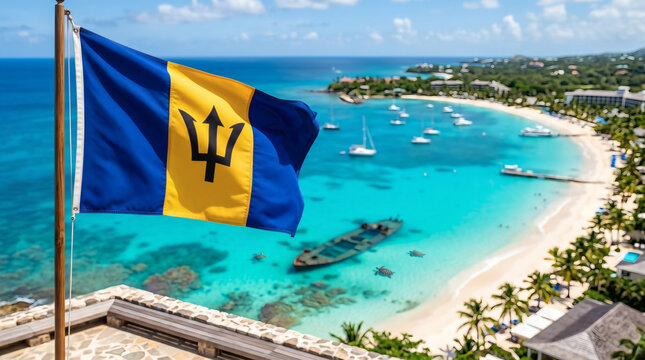 Barbados Flag with Iconic Carlisle Bay Shipwreck and Turquoise Water Banner.