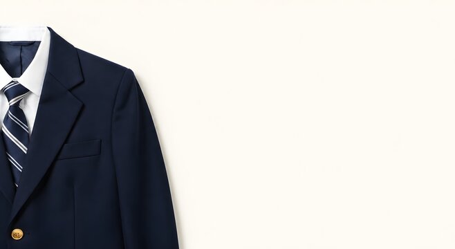 Elegant navy blue business suit with white shirt and striped tie on white background for corporate professional attire and job interview concept minimal background banner