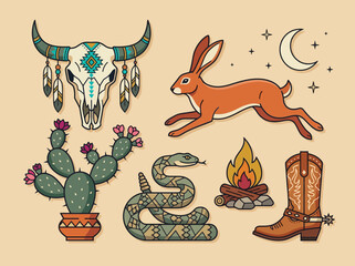 Western Desert Illustration Set with Bull Skull, Jackrabbit, Rattlesnake, and Cowboy Boot © Rnb