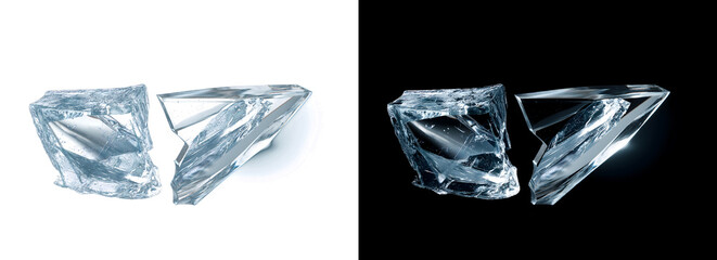 Naklejka premium Pair of sharp angular pieces of transparent shattered glass isolated on transparent base