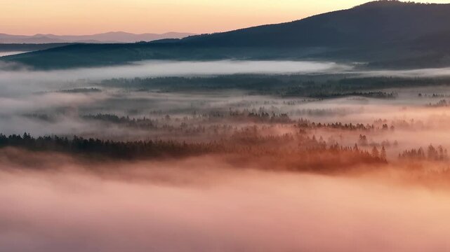 Misty mountain valley at early dawn