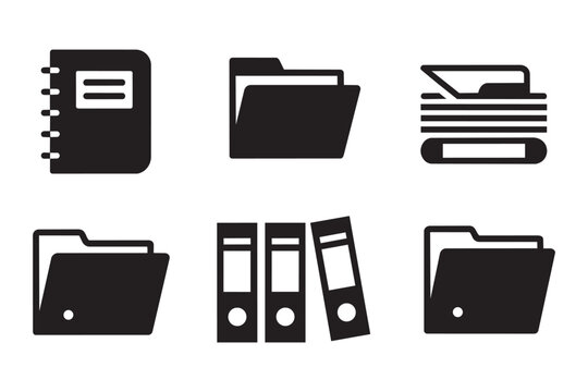 Collection of six black silhouette icons: spiral notebook, open folder, stapler, closed folder, document binders, and files in folder for office or study themes.