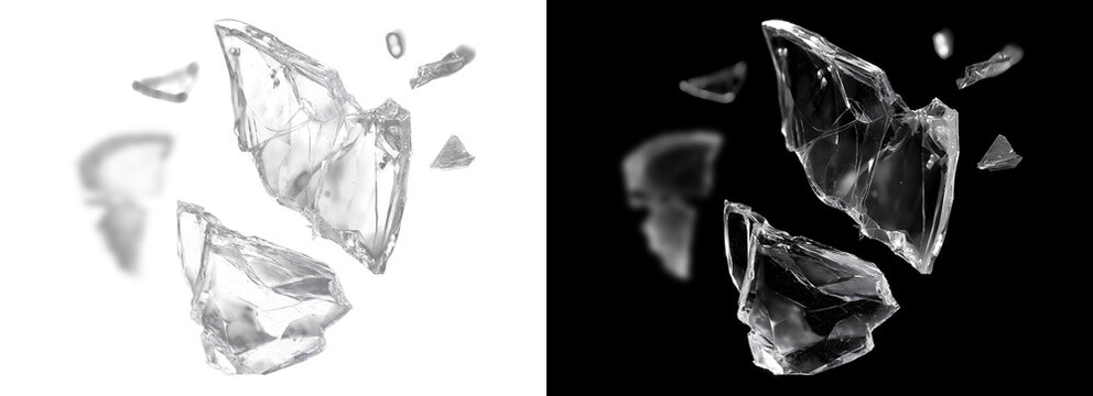 Dynamic explosion of shattered glass pieces isolated on transparent background cutout