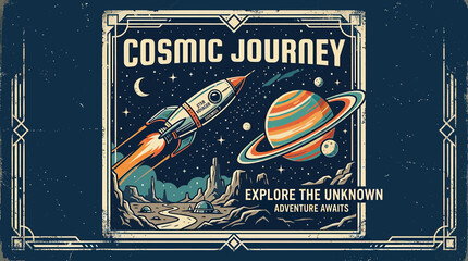 Retro Cosmic Journey Rocket Ship Exploring Alien Planet with Saturn-like Planet © Fulan