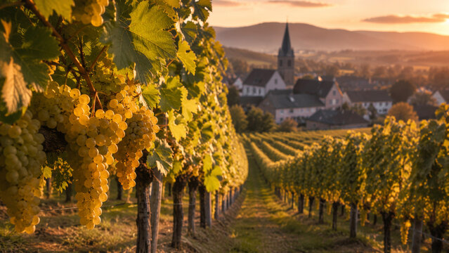  Racimos de uvas maduras iluminados por la luz dorada del atardecer, con un pintoresco pueblo y la iglesia al fondo entre colinas cubiertas de vi&ntilde;edos.