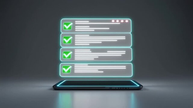 空中に浮かぶタブレットから複数の光るホログラムタスク画面が自動で整理されるデジタルワーク