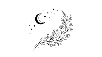 Hand-drawn crescent moon and stars with delicate floral branch illustration on white background © illustration