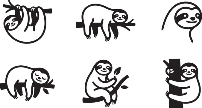 Set of six cute sloth vector icons hanging and sitting on branches Vector