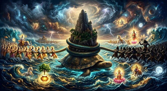 Samudra Manthan Churning Of Milk Ocean Hindu Mythology Digital Painting