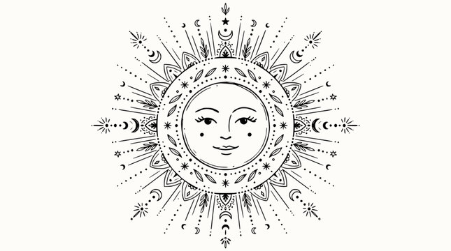 Bohemian Sun Face with Celestial Elements, Lunar Phases, Stars, and Rays - Tattoo Design