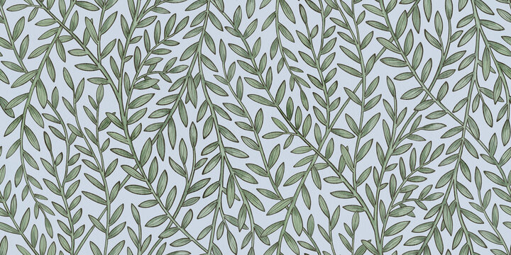Leaf seamless pattern with cascading botanical branches on light blue background. Watercolor decorative repeat with ornamental botanical details for wallpaper, fabric and surface design.