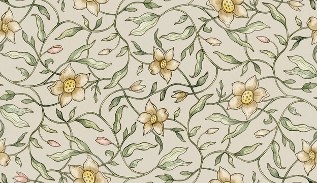 Wildflower seamless pattern with delicate blossoms and curling stems on warm beige background. Watercolor botanical repeat with ornamental floral details for wallpaper, fabric and surface design.