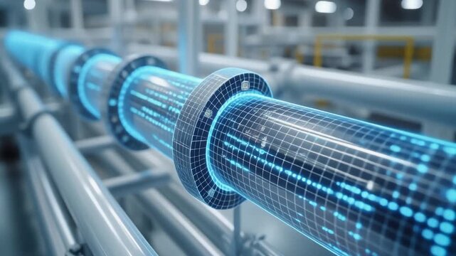 透明なパイプラインの断面から見える光る青いデータストリームの情報の流れ