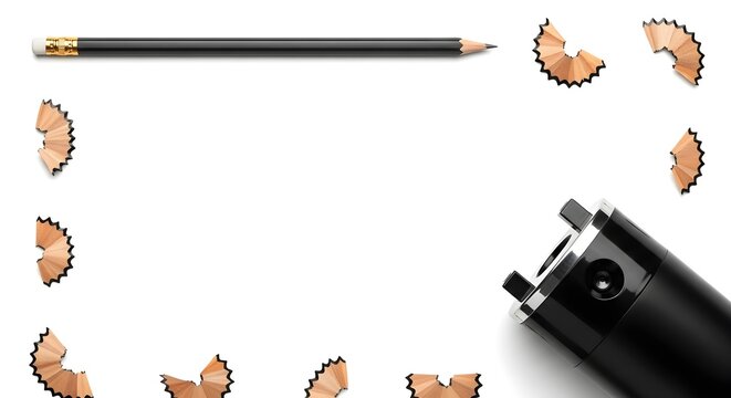 Minimalist black pencil and electric sharpener frame with wooden shavings on white background for professional education and creative design copy space