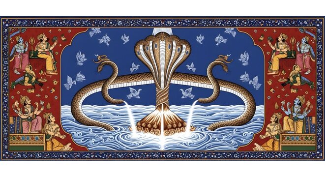 Samudra Manthan Churning Of Cosmic Ocean Traditional Indian Miniature Illustration