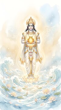 Lord Vishnu Holding Amrita Kalasha Samudra Manthan Hindu Deity Watercolor
