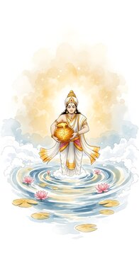 Lord Vishnu Dhanvantari Holding Amrita Kalasha Samudra Manthan Watercolor