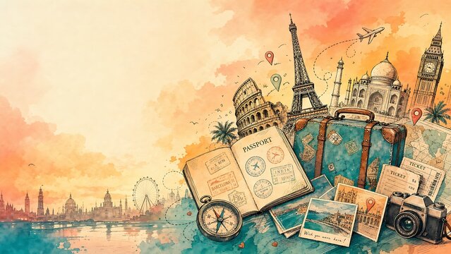 Travel collage: passport, suitcase, camera and landmark sketches (Eiffel Tower, Colosseum, Taj Mahal, Big Ben) in watercolor